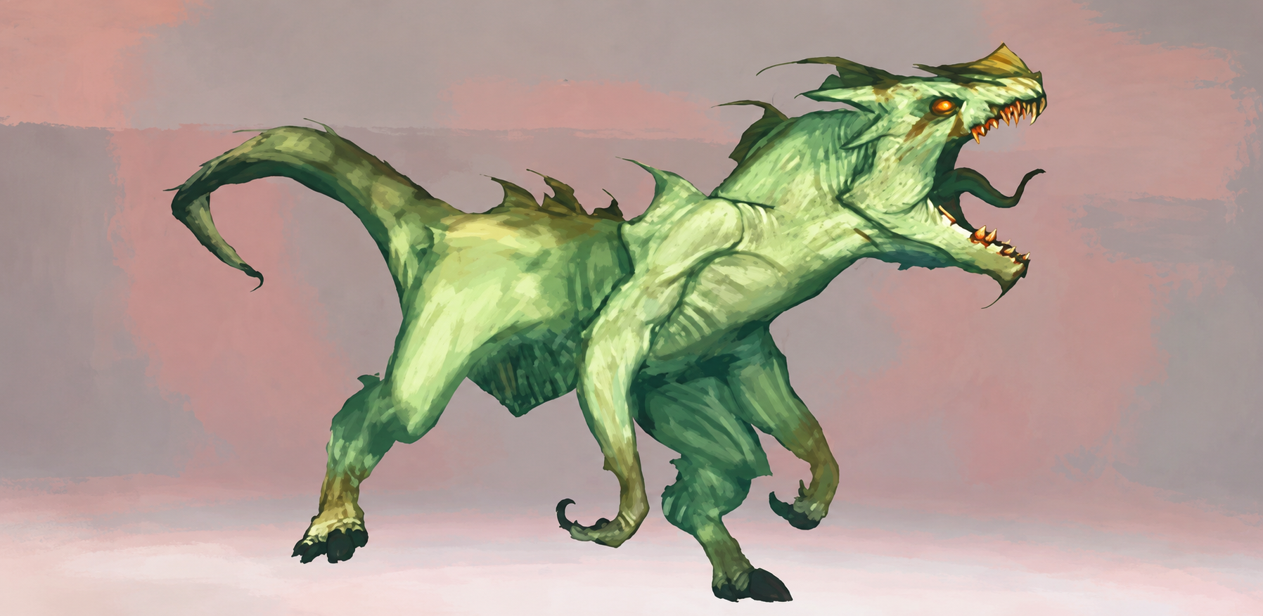 Creature study 1: a green creature with horns, dorsal spines, a long tail, and an open mouth