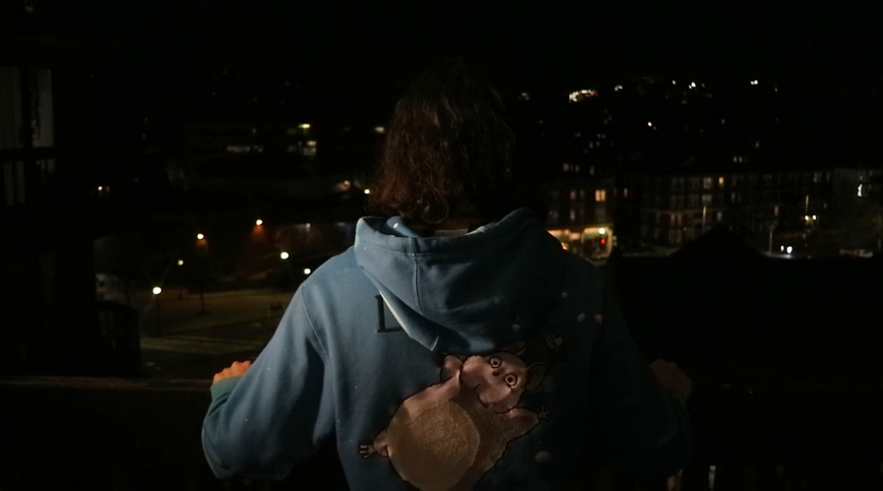 A character in a blue hoodie seen from behind, looking out over a city at night