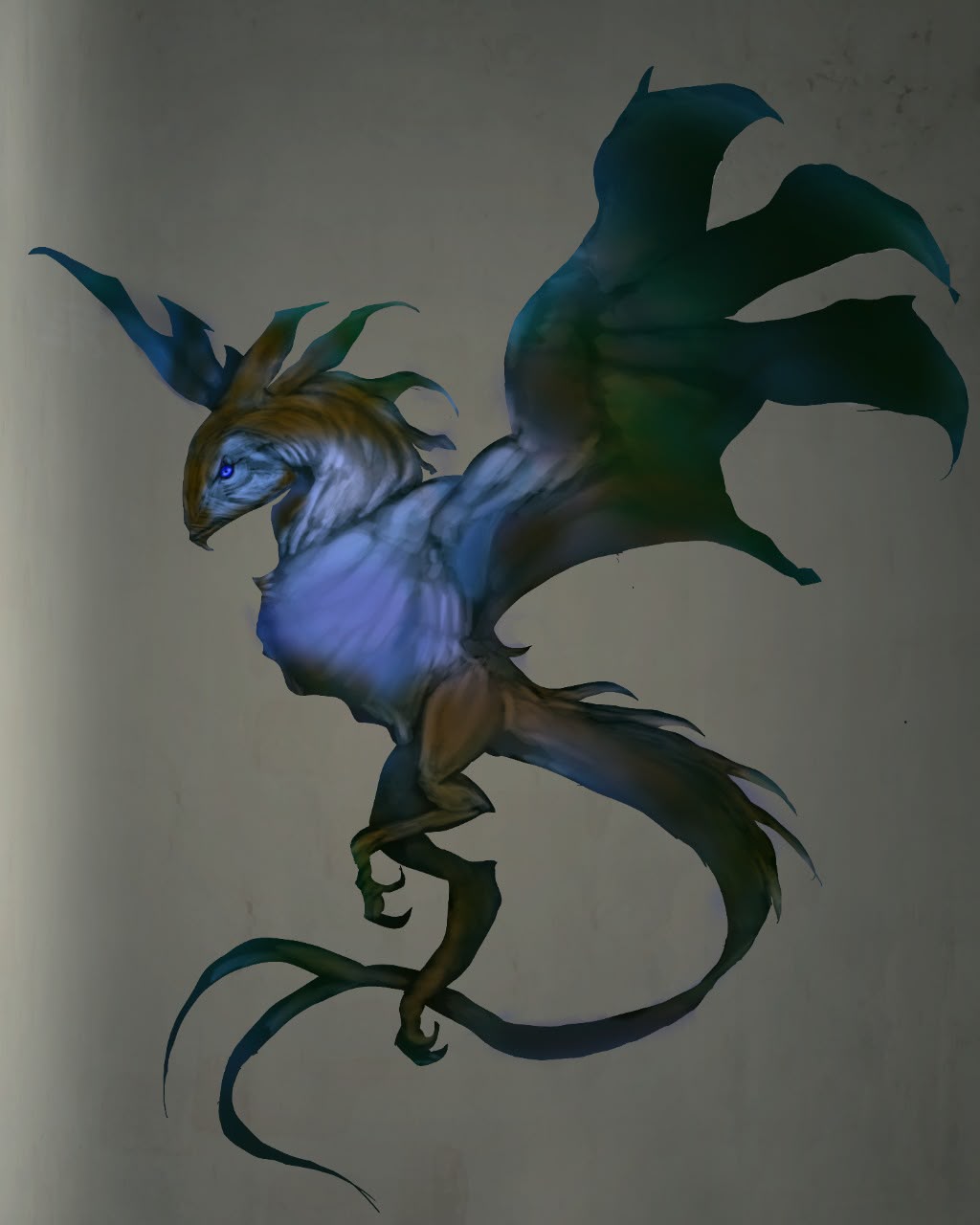 Creature study 2: a winged blue and green creature with curved horns, talons, and a curling tail