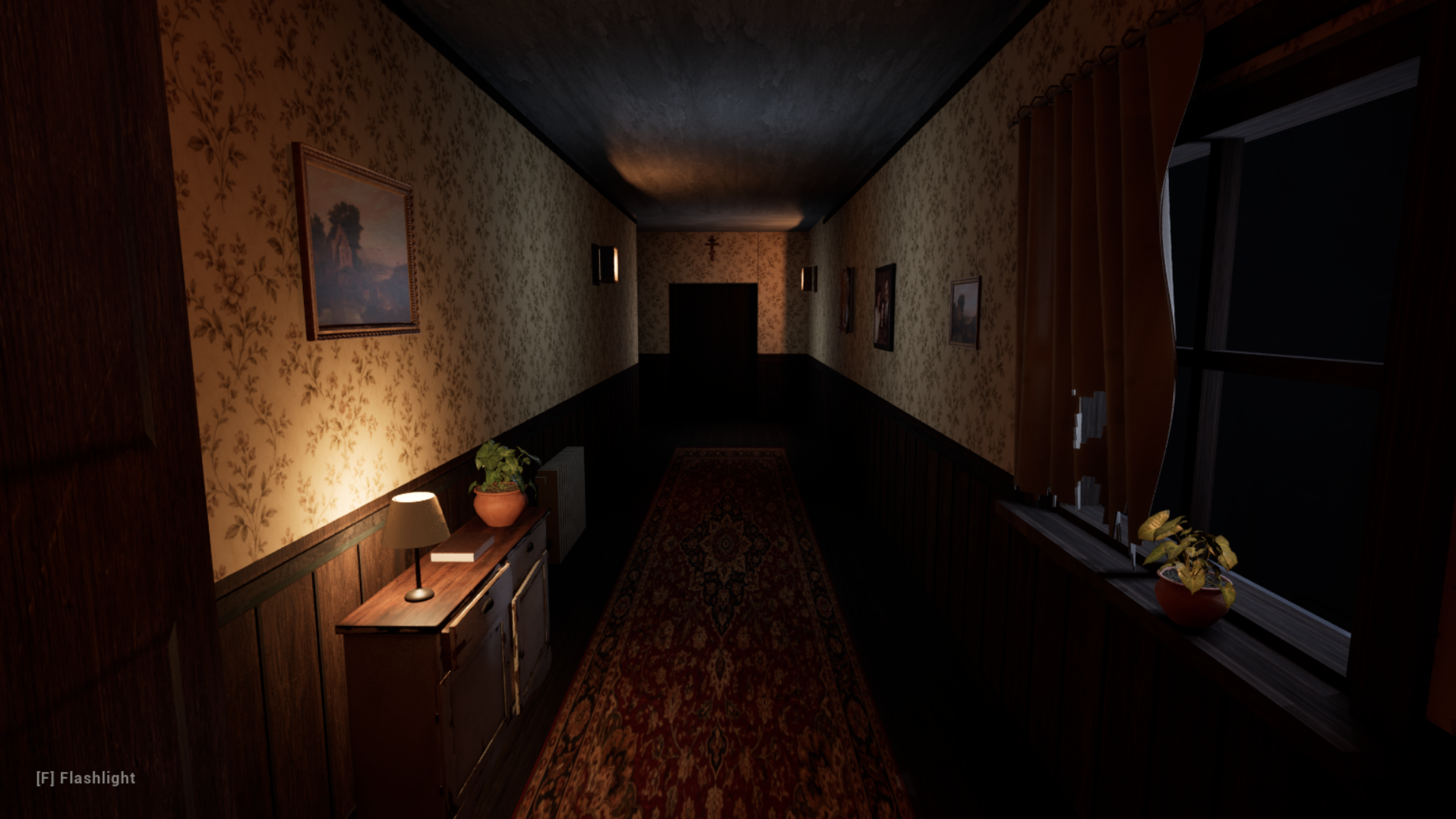 In-game screenshot of the apartment hallway in The Grief of Muz