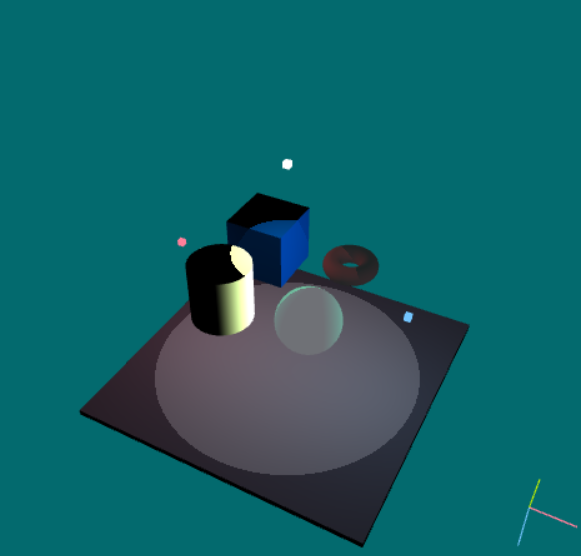 A view of the geometric scene with a bright cylinder highlight and illuminated plane