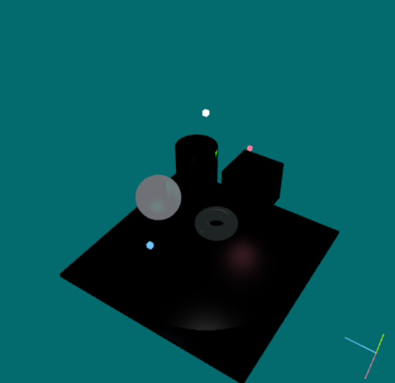 The geometric scene under reduced illumination, with subtle highlights visible on the sphere and torus